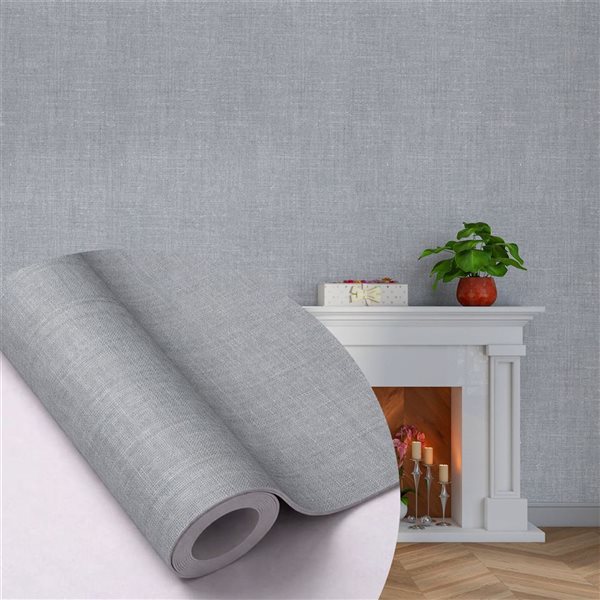 Dundee Deco 18‑ft² 24‑in x 9‑ft Grey Faux Fabric Peel & Stick Textured Wallpaper Panel