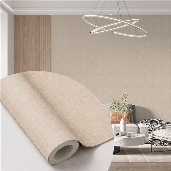 Dundee Deco 18‑ft² 24‑in x 9‑ft Pale Beige Faux Fabric Peel & Stick Textured Wallpaper Panel