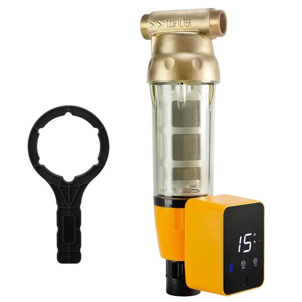 iSpring WSPARB Series Spin Down Sediment Water Filter 50-Micron Auto Flushing Reusable Brass Top Clear Housing