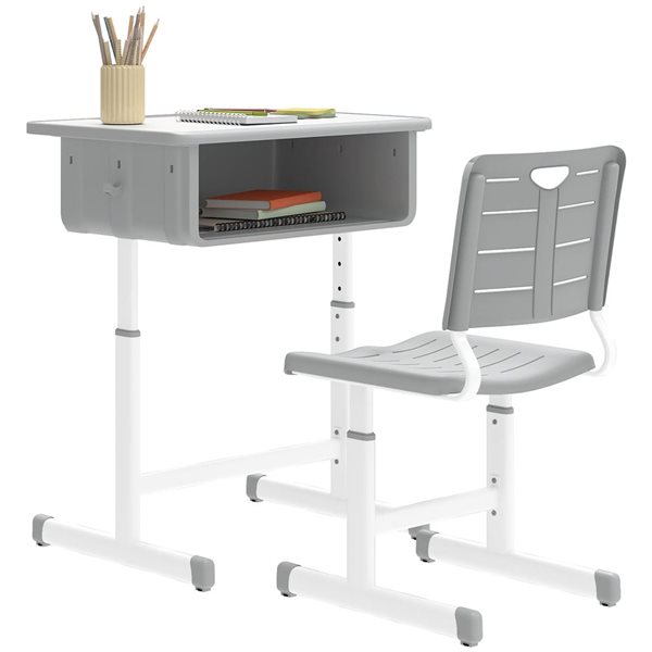 Qaba Kids' Desk and Chair Set w/ Adjustable Height and Large Storage Space - Grey