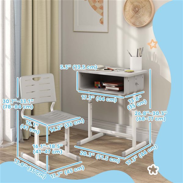 Qaba Kids' Desk and Chair Set w/ Adjustable Height and Large Storage Space - Grey