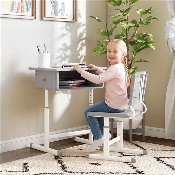 Qaba Kids' Desk and Chair Set w/ Adjustable Height and Large Storage Space - Grey