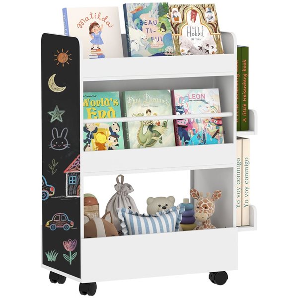 Book Rack Prepayaid Qaba Kids' Double-Sided Wheeled Book Rack w/ Blackboard - White 311 ...