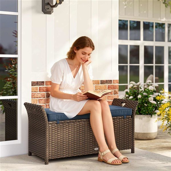 Outsunny 2-In-1 Outdoor Wicker Storage Bench - Navy Blue