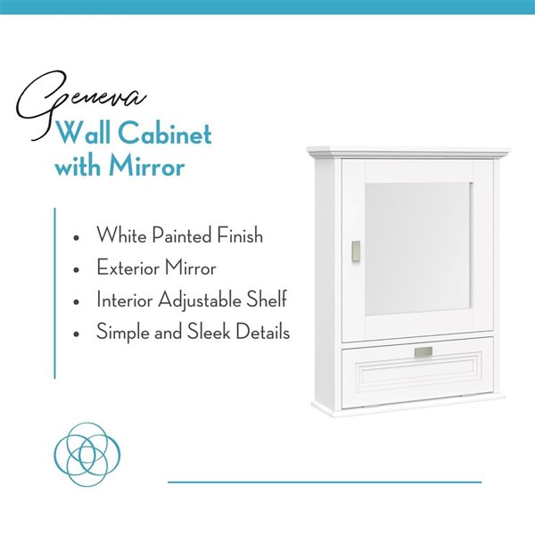 RiverRidge Home Geneva Medicine Cabinet w/ Mirror/Soft-Close Hinges/Dropdown Door + Adjustable Shelf - White