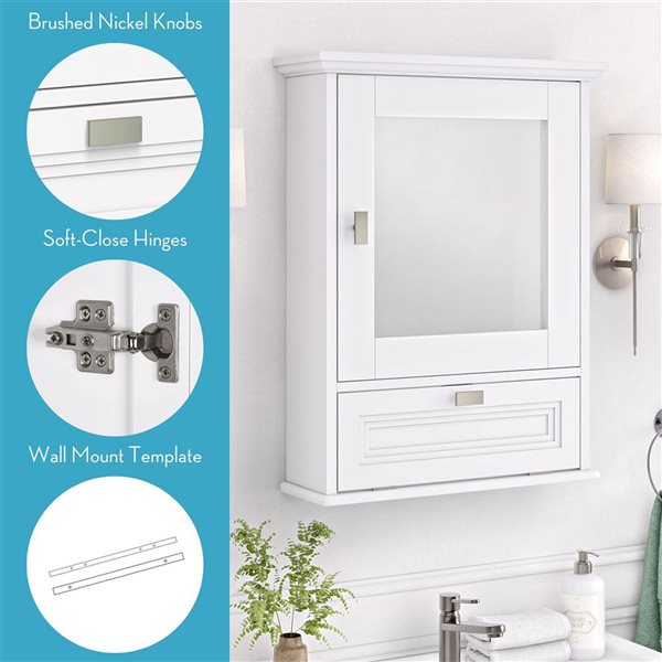 RiverRidge Home Geneva Medicine Cabinet w/ Mirror/Soft-Close Hinges/Dropdown Door + Adjustable Shelf - White