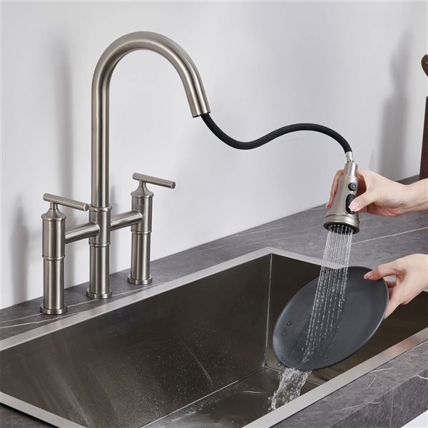 Clihome Double Handle Kitchen Faucet w/ Pull-Down Sprayhead - Brushed Nickel