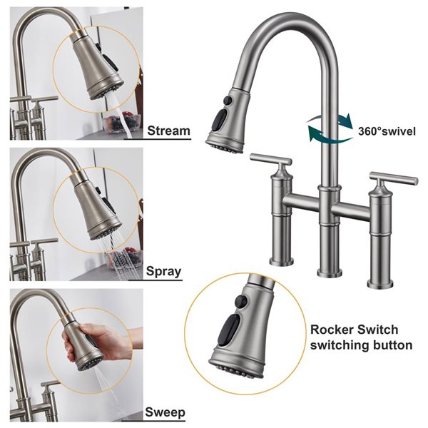 Clihome Double Handle Kitchen Faucet w/ Pull-Down Sprayhead - Brushed Nickel