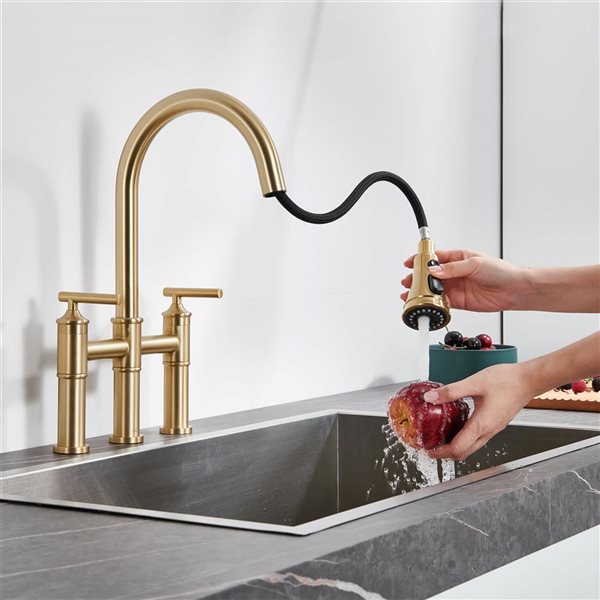 Clihome Double Handle Kitchen Faucet w/ Pull-Down Sprayhead - Brushed Gold