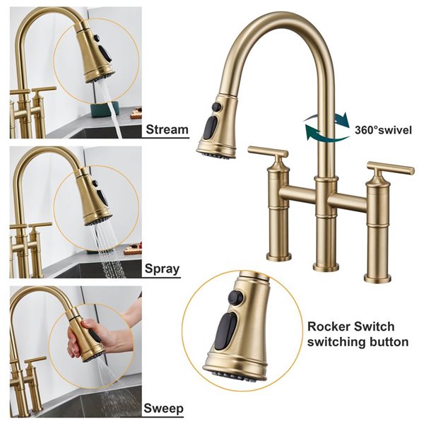 Clihome Double Handle Kitchen Faucet w/ Pull-Down Sprayhead - Brushed Gold