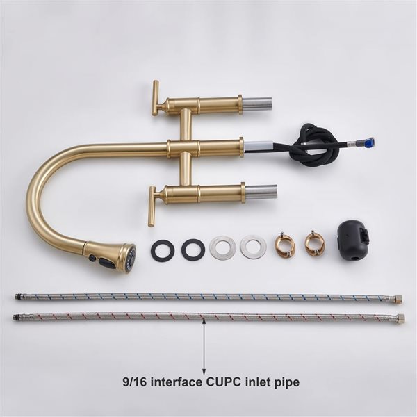 Clihome Double Handle Kitchen Faucet w/ Pull-Down Sprayhead - Brushed Gold