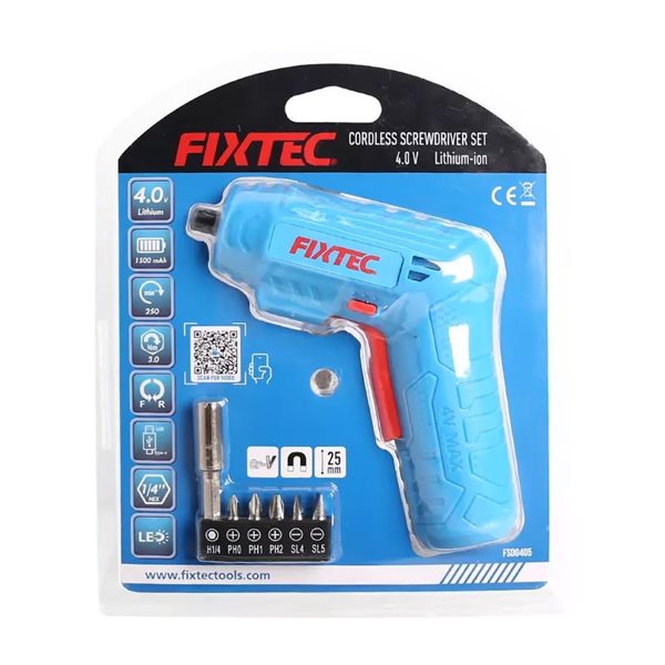 FIXTEC 4 V Li-Ion Cordless USB Rechargeable Screwdriver w/ 5 Drill Bits