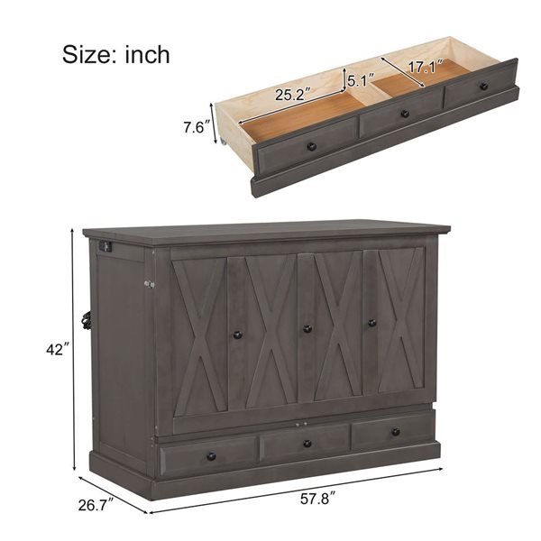 Best Selling Home Decor Full-size Farmhouse Wood Murphy Bed Cabinet w/ Storage Drawer + Charging Station - Grey