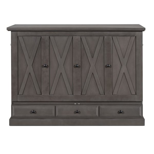 Best Selling Home Decor Full-size Farmhouse Wood Murphy Bed Cabinet w/ Storage Drawer + Charging Station - Grey