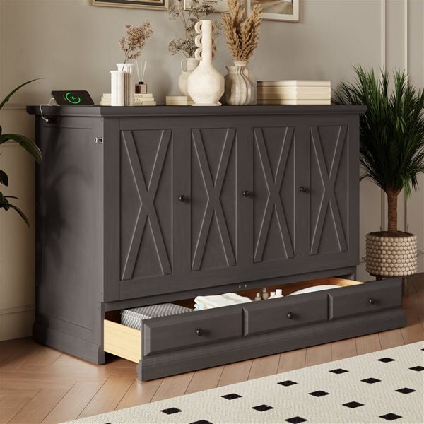 Best Selling Home Decor Full-size Farmhouse Wood Murphy Bed Cabinet w/ Storage Drawer + Charging Station - Grey