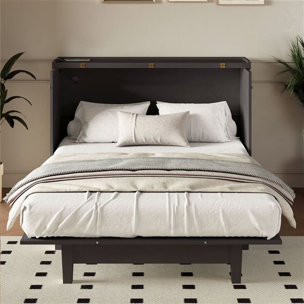 Best Selling Home Decor Full-size Farmhouse Wood Murphy Bed Cabinet w/ Storage Drawer + Charging Station - Grey