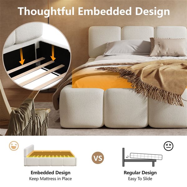 Best Selling Home Decor Modern King-Size Wood Boucle Upholstered Platform Bed w/ Thick Headboard/Footboard - White