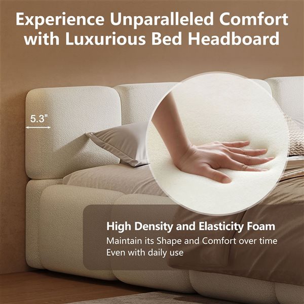 Best Selling Home Decor Modern King-Size Wood Boucle Upholstered Platform Bed w/ Thick Headboard/Footboard - White