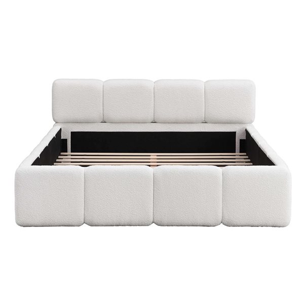 Best Selling Home Decor Modern King-Size Wood Boucle Upholstered Platform Bed w/ Thick Headboard/Footboard - White