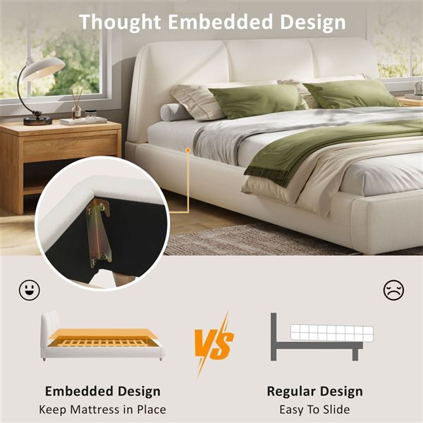 Best Selling Home Decor Minimalist Queen-Size Upholstered Wooden Bed Frame w/ Soft Headboard - White