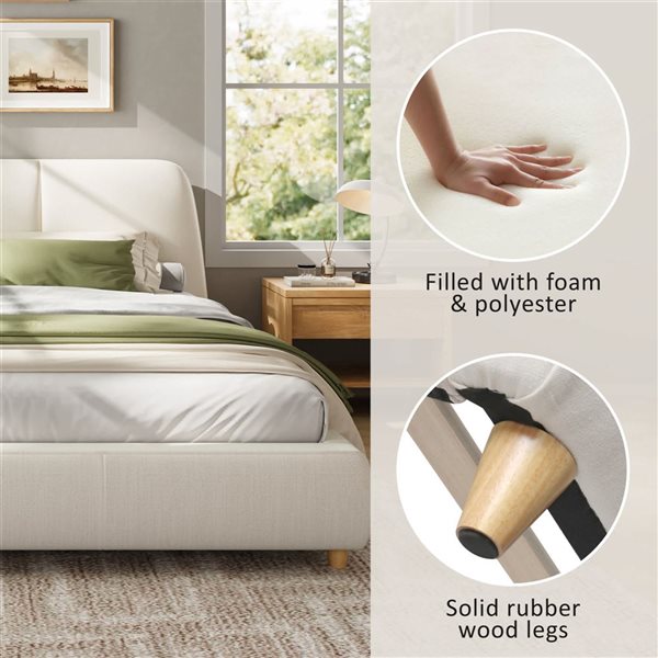 Best Selling Home Decor Minimalist Queen-Size Upholstered Wooden Bed Frame w/ Soft Headboard - White