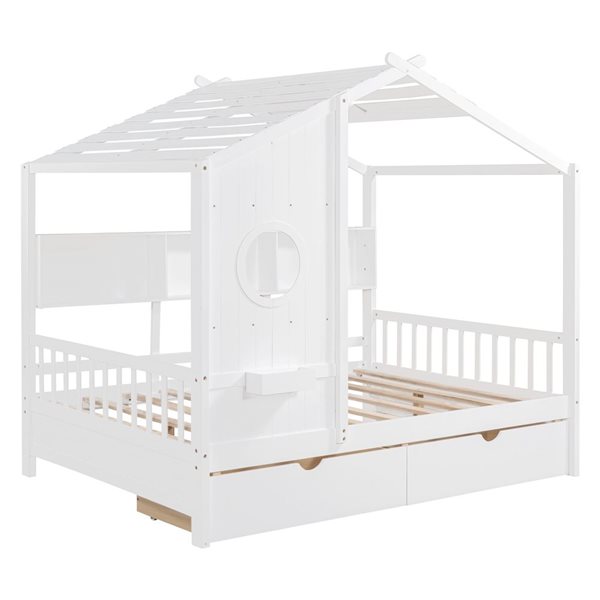 Best Selling Home Decor Kids Farmhouse Full-Size Wood House Bed w/ 2 Drawers and Storage Shelf - White