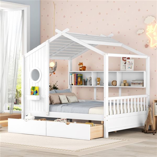 Best Selling Home Decor Kids Farmhouse Full-Size Wood House Bed w/ 2 Drawers and Storage Shelf - White
