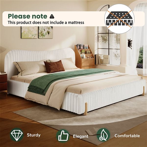 Best Selling Home Decor Minimalist King-Size Wood Solf Pile Upholstered Platform Bed Frame w/ Headboard - White