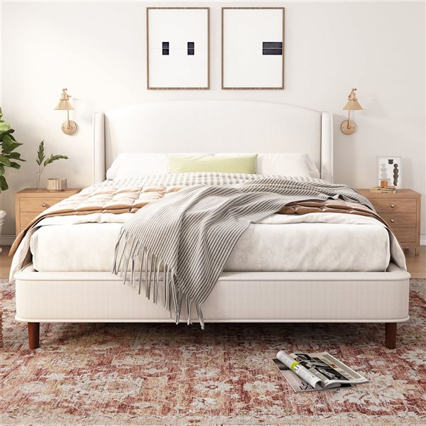 Best Selling Home Decor Classic Farmhouse King-Size Upholstered Wooden Platform Bed w/ Wingback Headboard - White