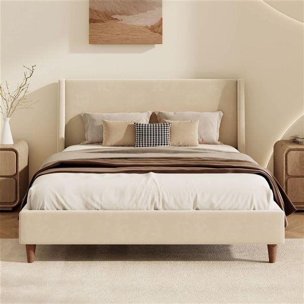 Best Selling Home Decor Modern King-Size Upholstered Wooden Platform Bed Frame w/ Wingback Headboard - Beige