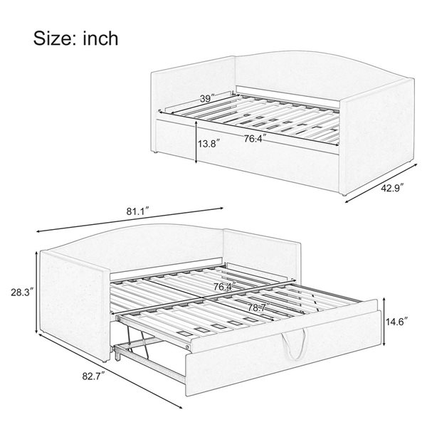 Best Selling Home Decor Modern Twin-Size Upholstered Wooden Extendable Daybed w/ Pull-Out Trundle - Grey