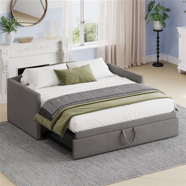 Best Selling Home Decor Modern Twin-Size Upholstered Wooden Extendable Daybed w/ Pull-Out Trundle - Grey