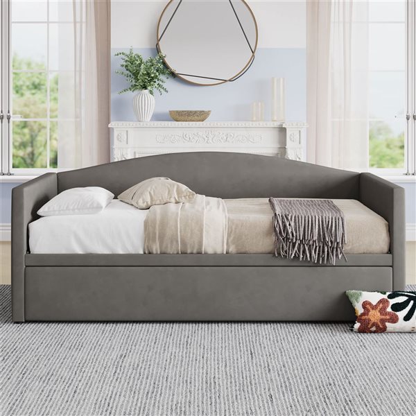 Best Selling Home Decor Modern Twin-Size Upholstered Wooden Extendable Daybed w/ Pull-Out Trundle - Grey