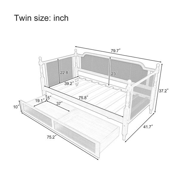 Best Selling Home Decor Classic Farmhouse Twin-Size Wooden Rattan Daybed Frame w/ 2 Drawers - Walnut
