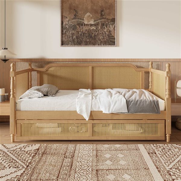 Best Selling Home Decor Classic Farmhouse Twin-Size Wooden Rattan Daybed Frame w/ 2 Drawers - Walnut