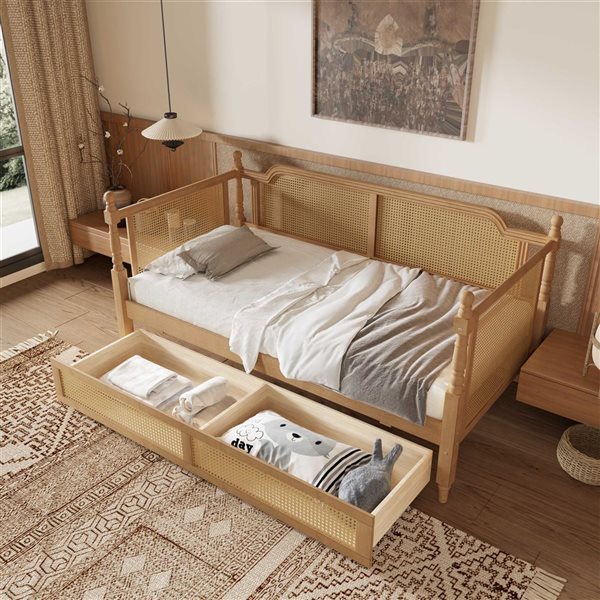 Best Selling Home Decor Classic Farmhouse Twin-Size Wooden Rattan Daybed Frame w/ 2 Drawers - Walnut