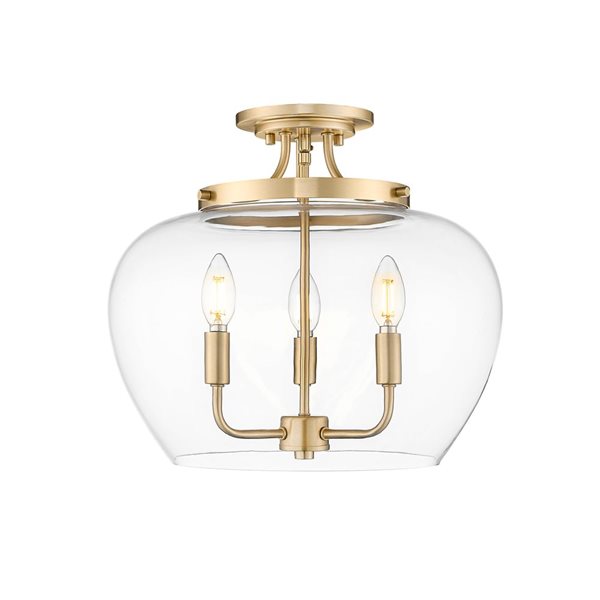 Z-Lite Joliet 3-Light 16-in 60 W Semi Flush Mount Ceiling Light w/ Clear Glass Shade - Burnished Brass