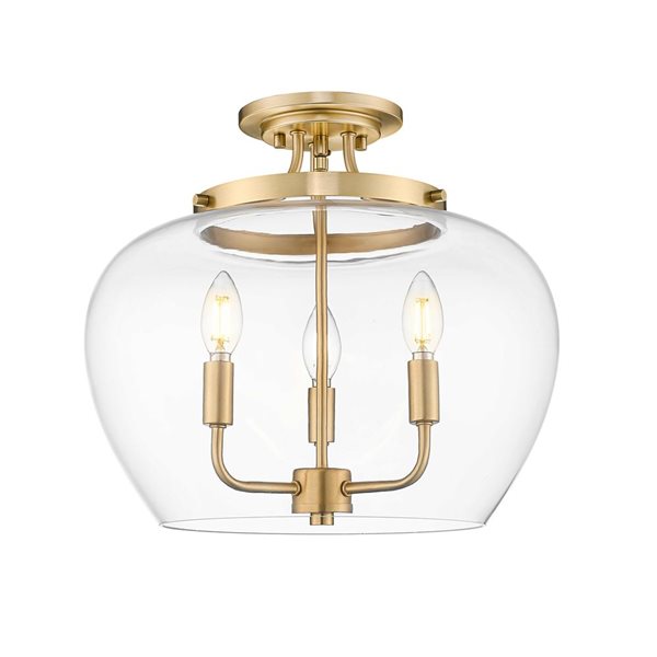 Z-Lite Joliet 3-Light 16-in 60 W Semi Flush Mount Ceiling Light w/ Clear Glass Shade - Burnished Brass