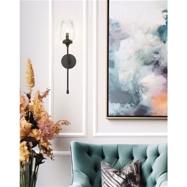 Z-Lite Cassian 1-Light 60 W Wall Sconce w/ Clear Seeded Glass - Matte Black