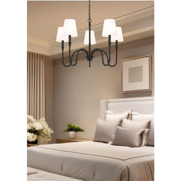 Z-Lite Jisele 5-Light Chandelier w/ White Fabric Shade - Matte Black