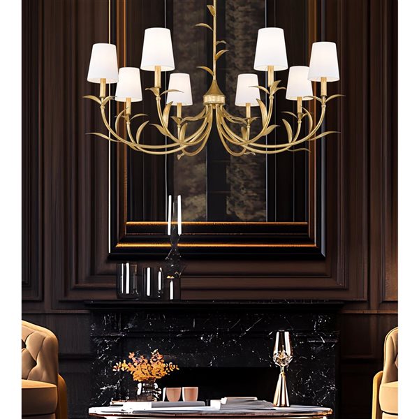 Z-Lite Aslin 8-Light Chandelier w/ White Fabric Shade - Gold Leaf
