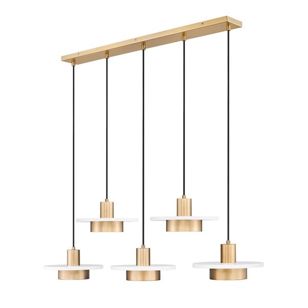 Z-Lite Ludo 5-Light Linear Chandelier w/ Frosted Acrylic Shade - Matte White + Modern Gold