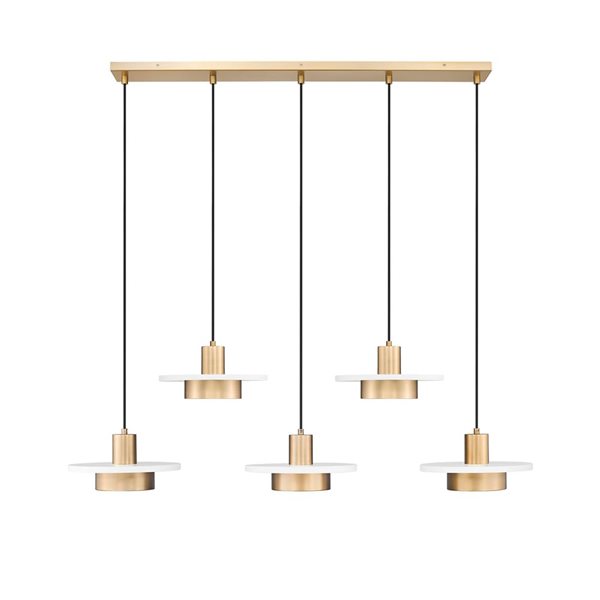 Z-Lite Ludo 5-Light Linear Chandelier w/ Frosted Acrylic Shade - Matte White + Modern Gold