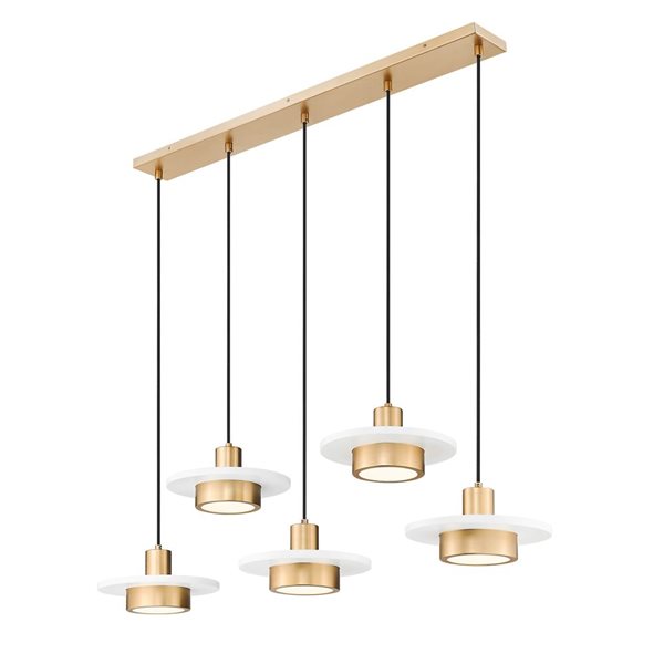 Z-Lite Ludo 5-Light Linear Chandelier w/ Frosted Acrylic Shade - Matte White + Modern Gold