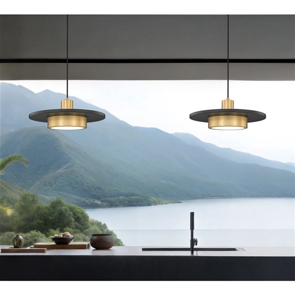 Z-Lite Ludo 1-Light Pendant w/ Frosted Acrylic Shade - Matte Black + Modern Gold