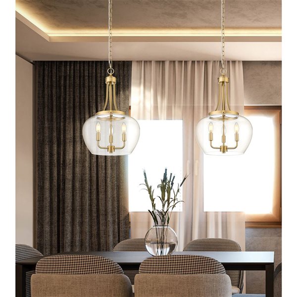Z-Lite Joliet 3-Light Pendant w/ Clear Glass Shade - Burnished Brass