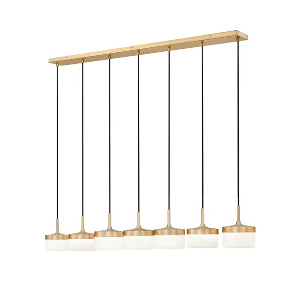 Z-Lite Renaud 7-Light Linear Chandelier w/ Feathered White Glass - Modern Gold