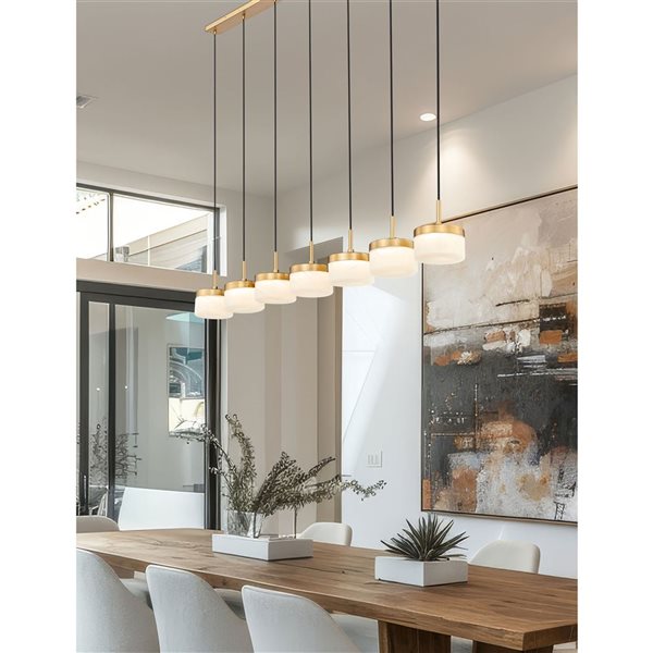 Z-Lite Renaud 7-Light Linear Chandelier w/ Feathered White Glass - Modern Gold