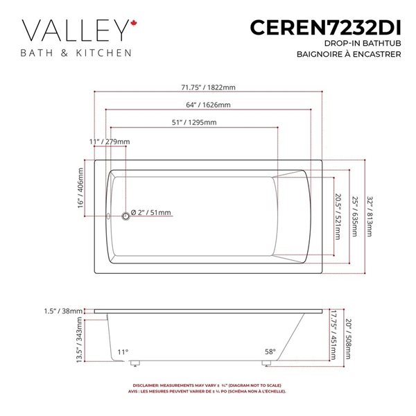 Valley Bath & Kitchen CEREN DI 72 x 32-in Rectangular Drop-in White Acrylic Bathtub
