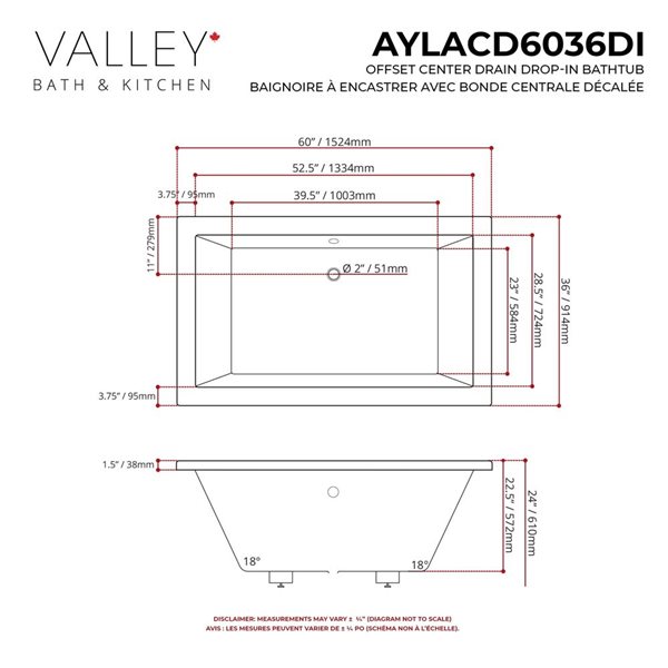 Valley Bath & Kitchen AYLACD DI 60 x 36-in Rectangular Drop-in Off-set Center Drain White Acrylic Bathtub